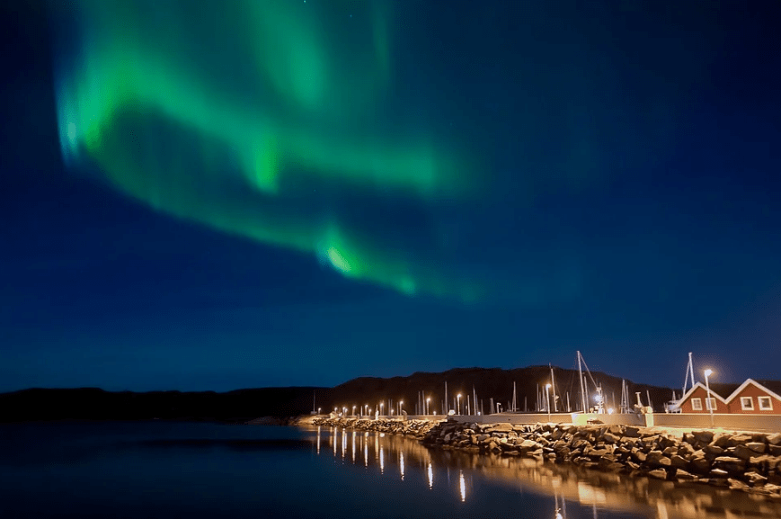 houses, street lights, and the night sky with scattering green and blue lights