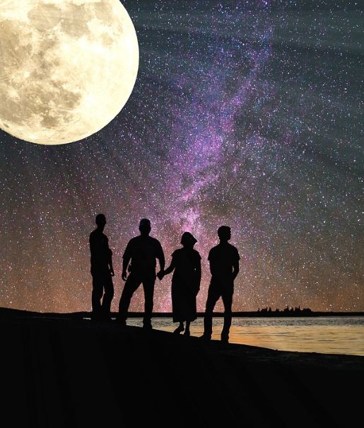 night sky, moon, beach, water, silhouettes of people stargazing, stars