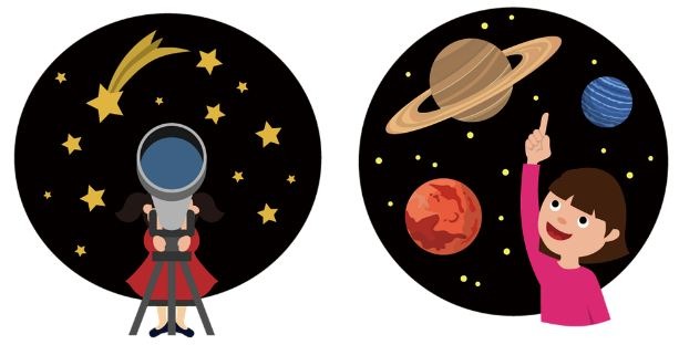 a child using a telescope, space, stars, planets, a child pointing out the planets