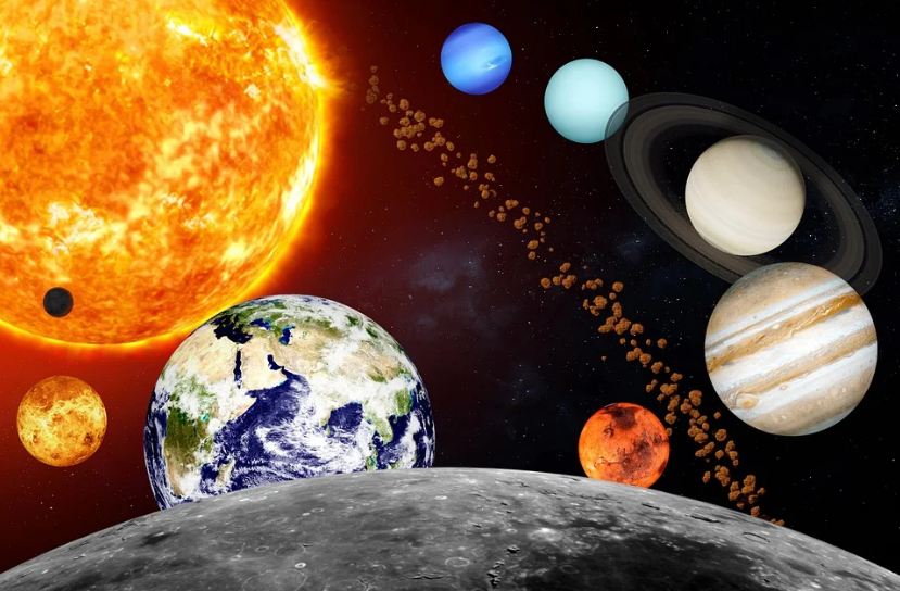 the Sun, the planets, space, stars, asteroid belt