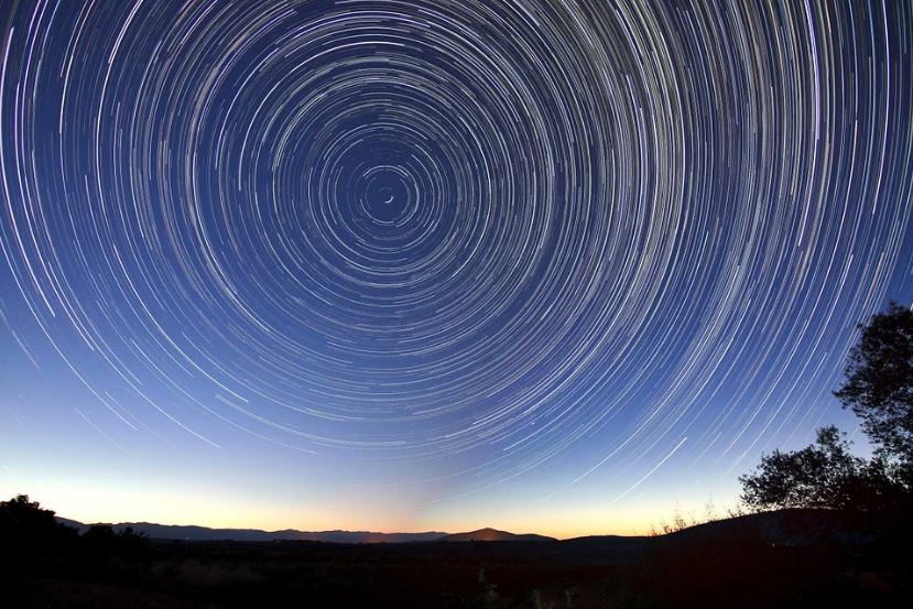 the night sky, star trails, trees