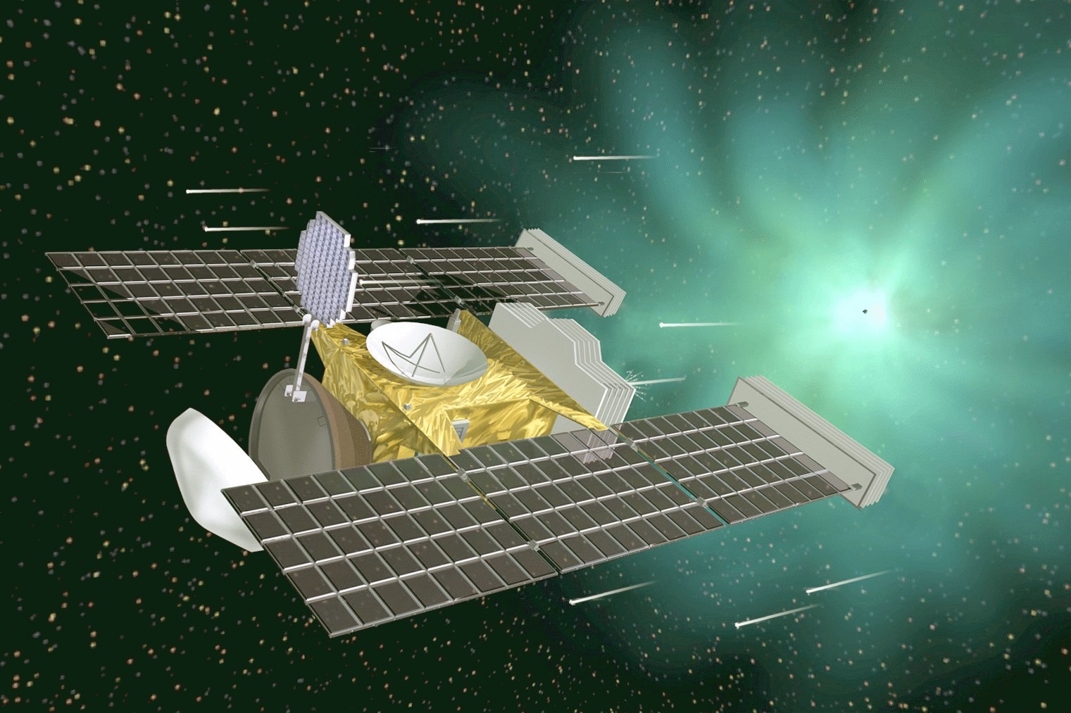 Illustration of StarDust close to Comet Wild 2.