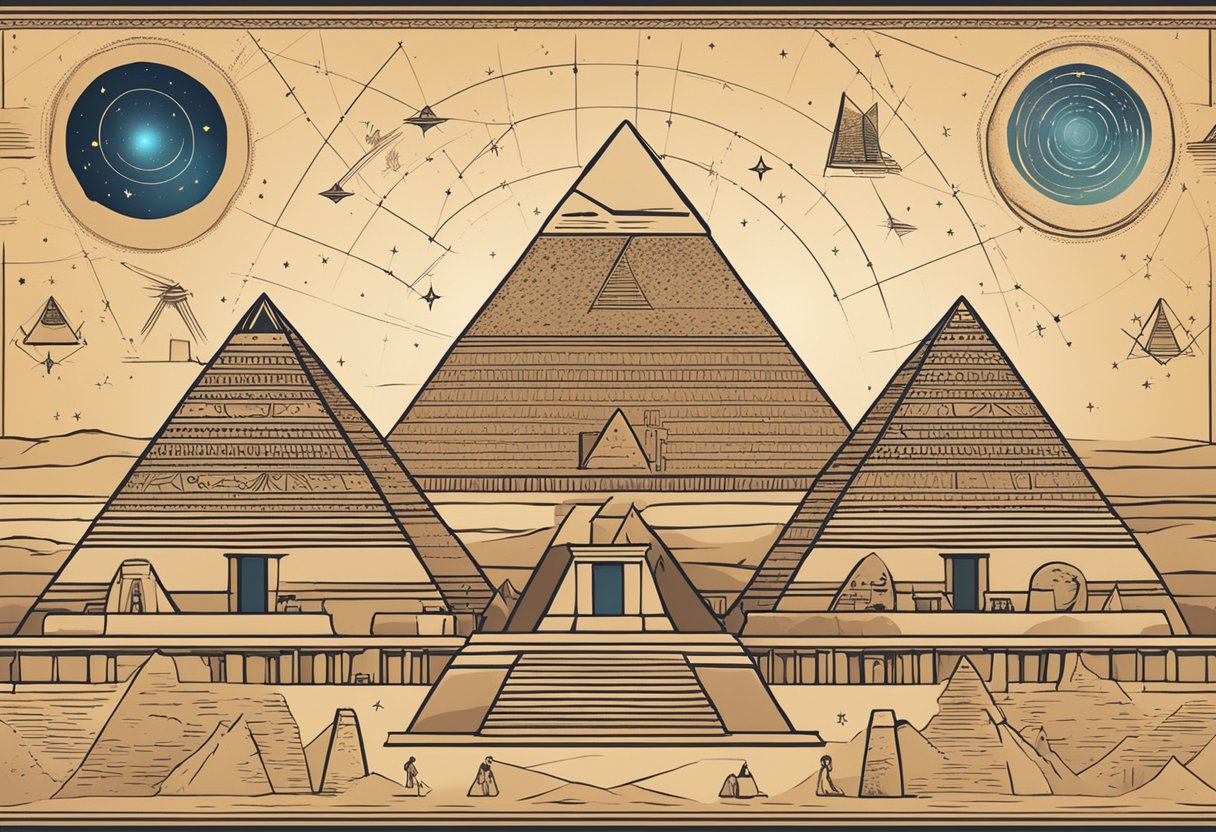 Ancient Egyptian symbols and constellations align with modern astronomical discoveries. The pyramids and hieroglyphs stand against a starry night sky