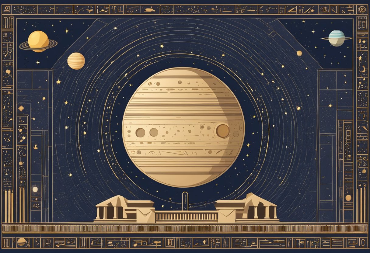 Vibrant night sky with stars, moon, and planets. Hieroglyphic inscriptions on ancient Egyptian observatory walls. Astronomy tools and diagrams