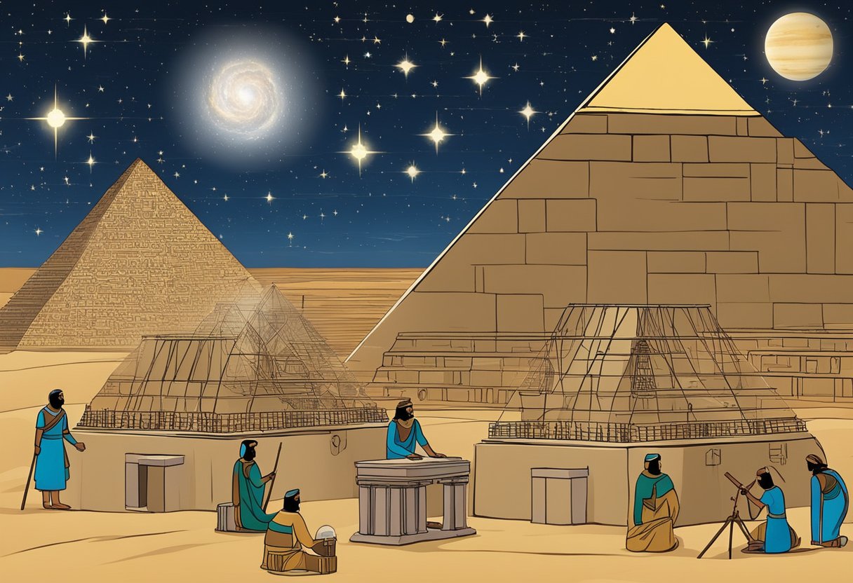 Ancient Egyptian astronomers observe stars and planets, recording data on papyrus scrolls and stone tablets. They build structures like the Great Pyramid aligned with celestial bodies