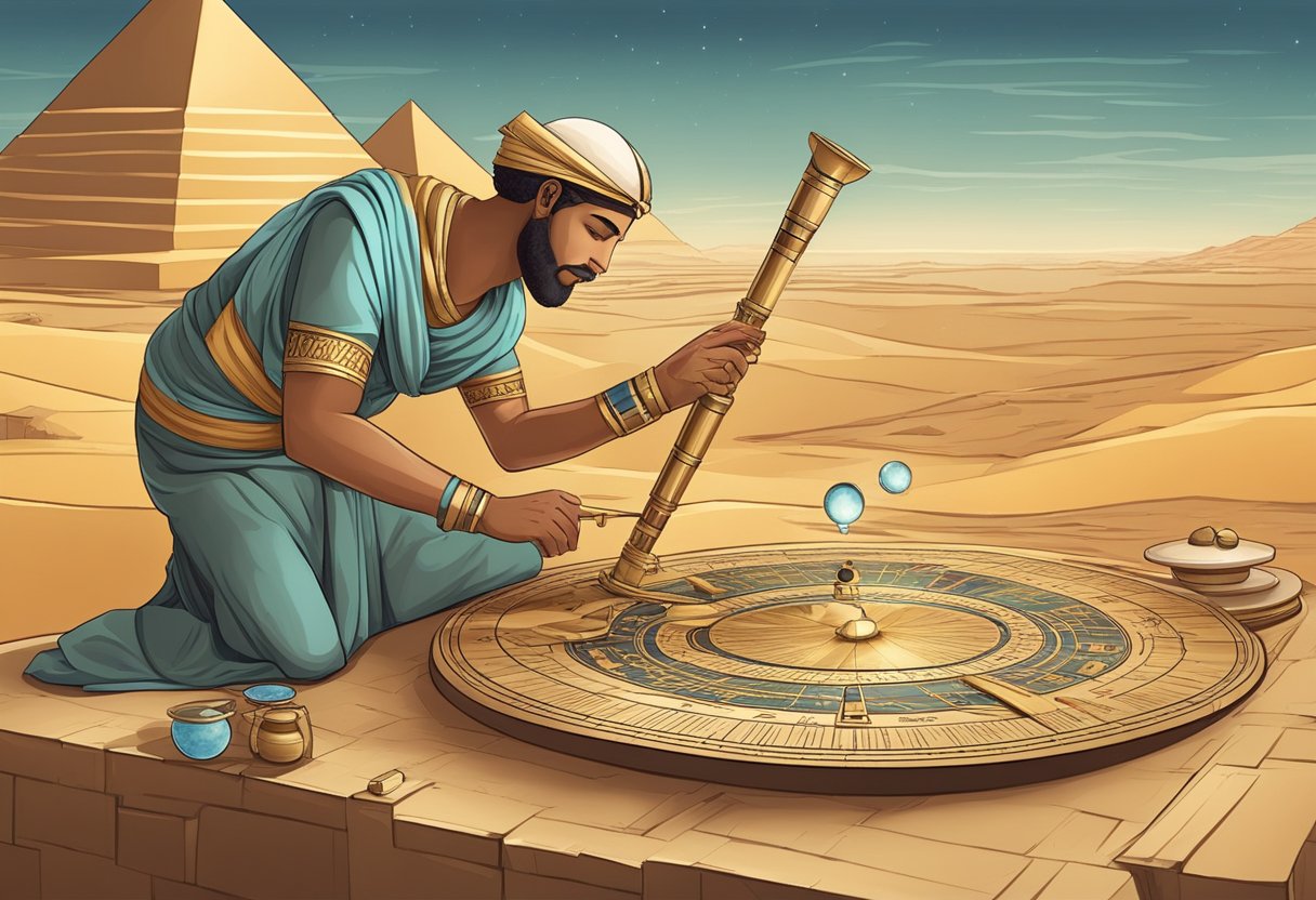 An ancient Egyptian astronomer uses a sundial and water clock to measure time, while observing the stars with a telescope and recording data on papyrus