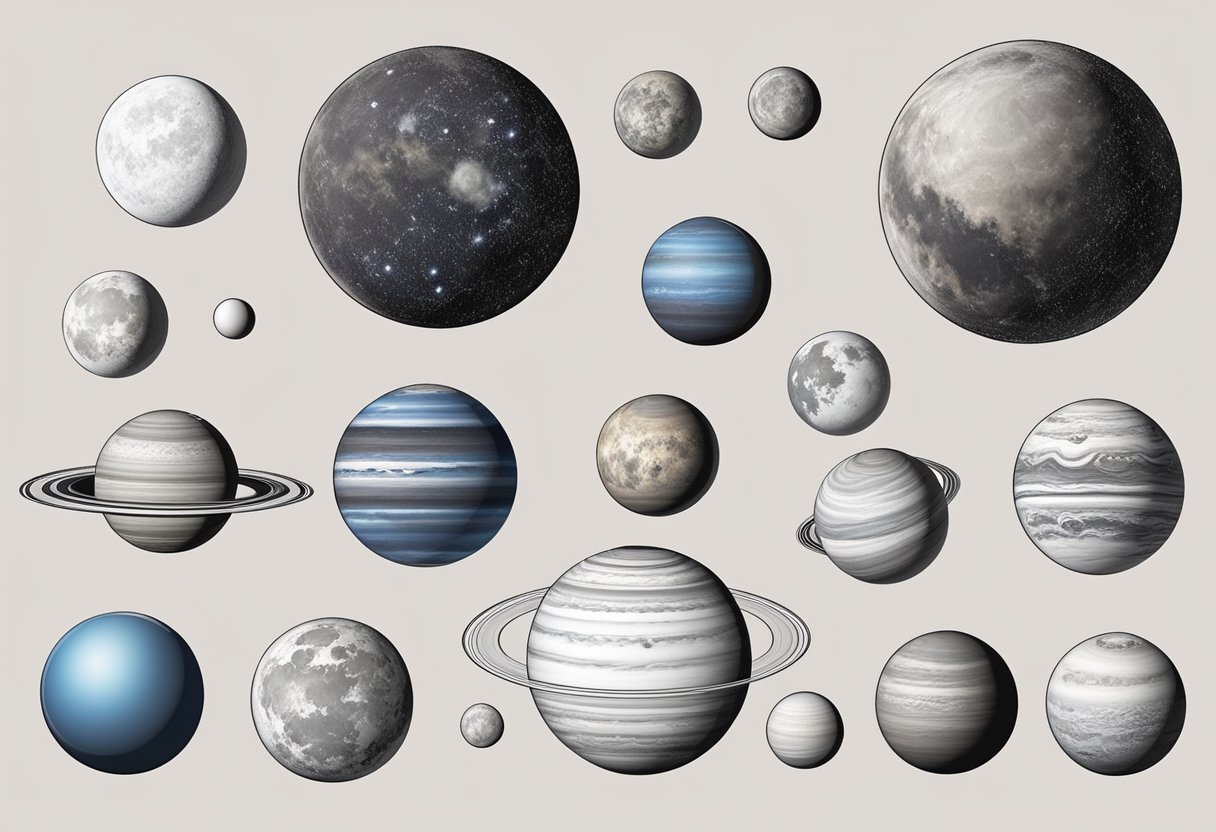 A variety of exoplanets orbiting different types of stars, some with rings or multiple moons. Sizes and compositions vary, unlike our solar system