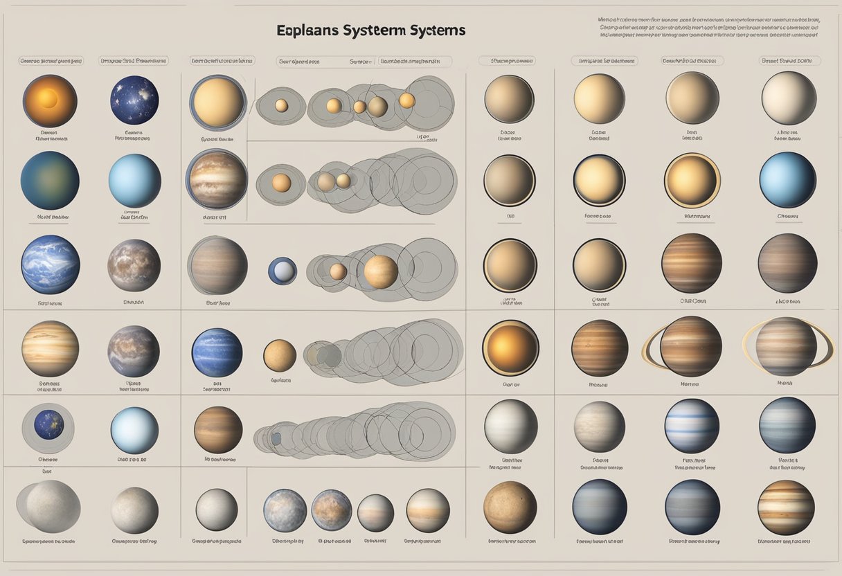 A telescope captures multiple exoplanetary systems orbiting different types of stars, showing the diversity compared to our own solar system