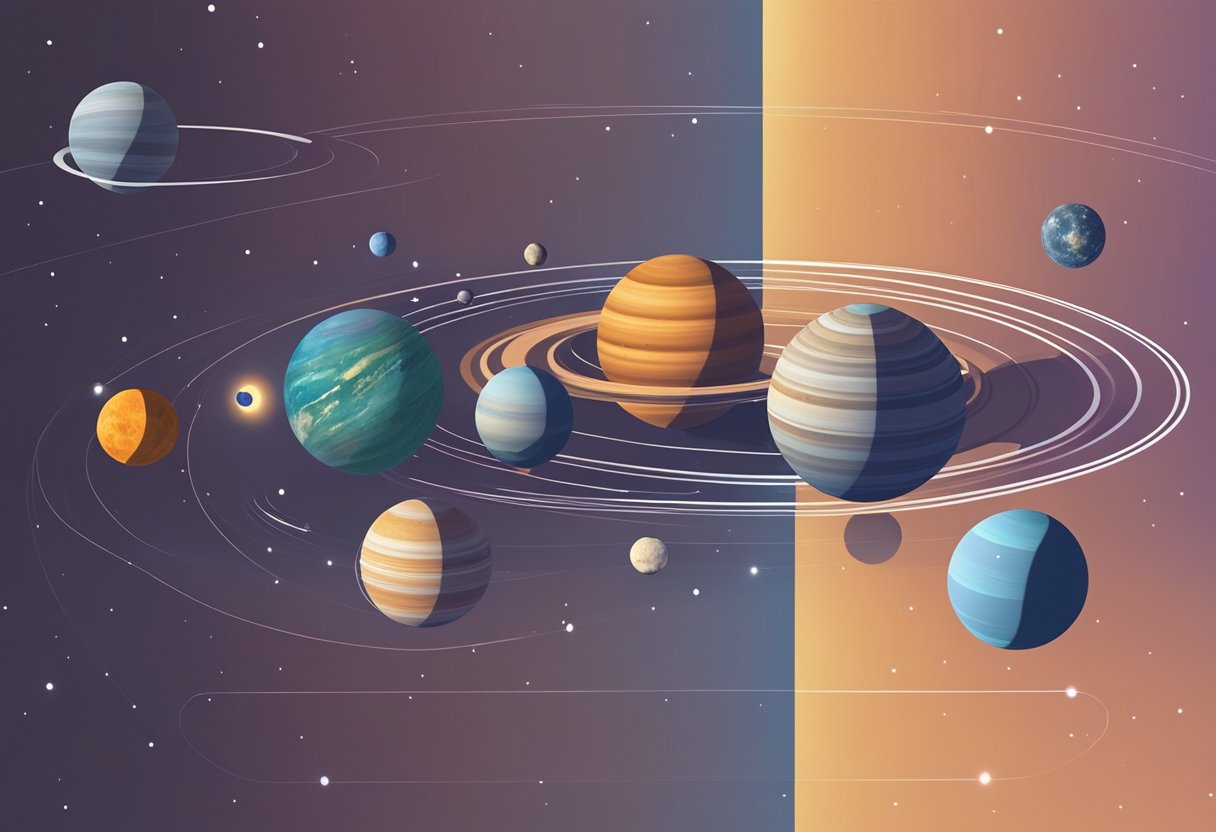 Multiple exoplanets orbiting different parent stars, some with rings, others with moons. Various sizes and colors, contrasting with our familiar solar system