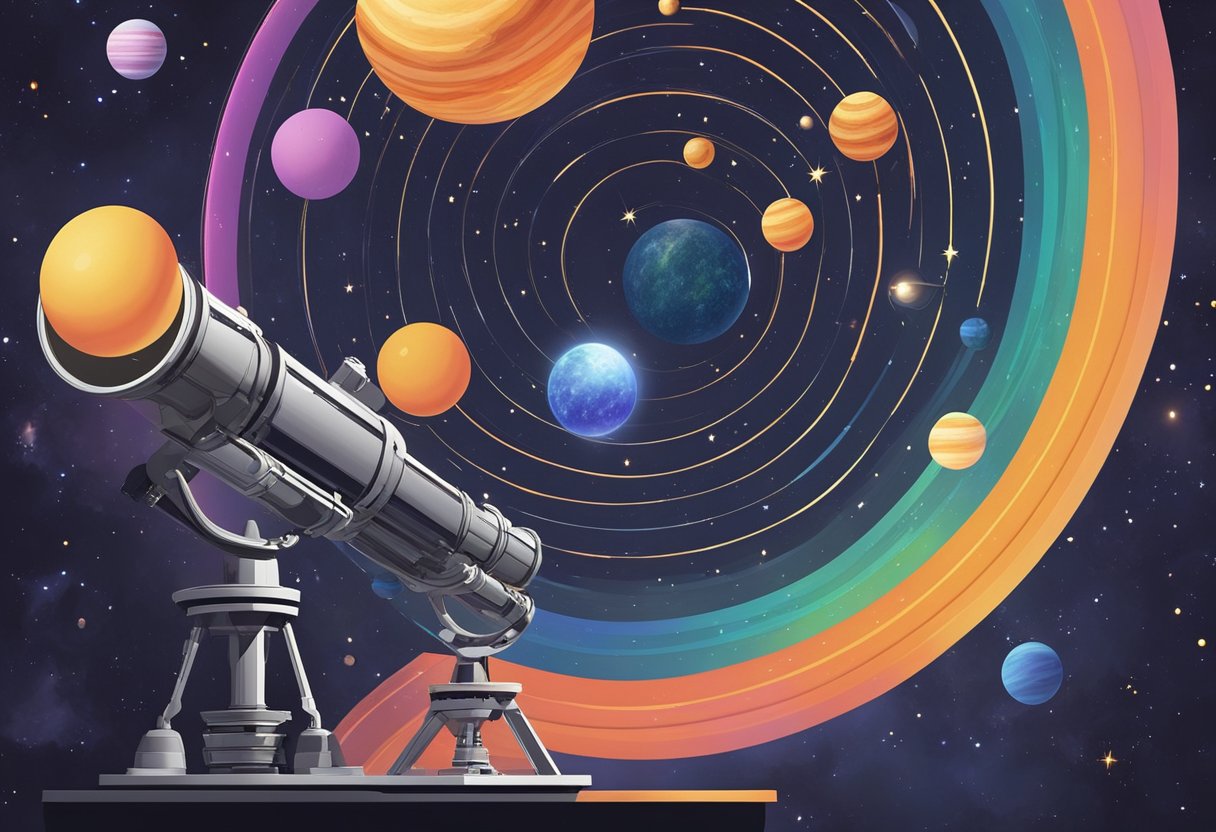 A telescope points towards a colorful array of exoplanetary systems, contrasting with our own. The scene is filled with a sense of wonder and curiosity about the future of exoplanetary studies