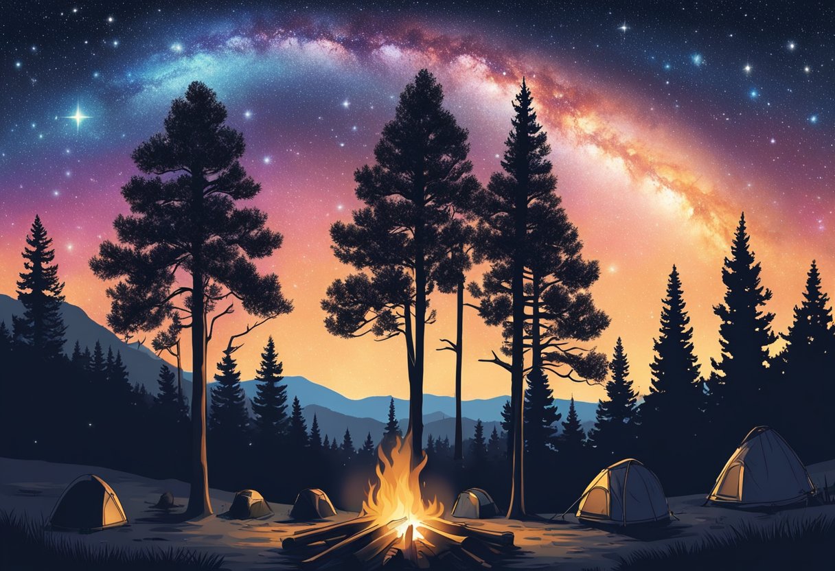 A campfire crackles under a star-filled sky. Telescopes point upwards as silhouettes of trees frame the scene. The Milky Way stretches across the darkness, creating a breathtaking celestial display