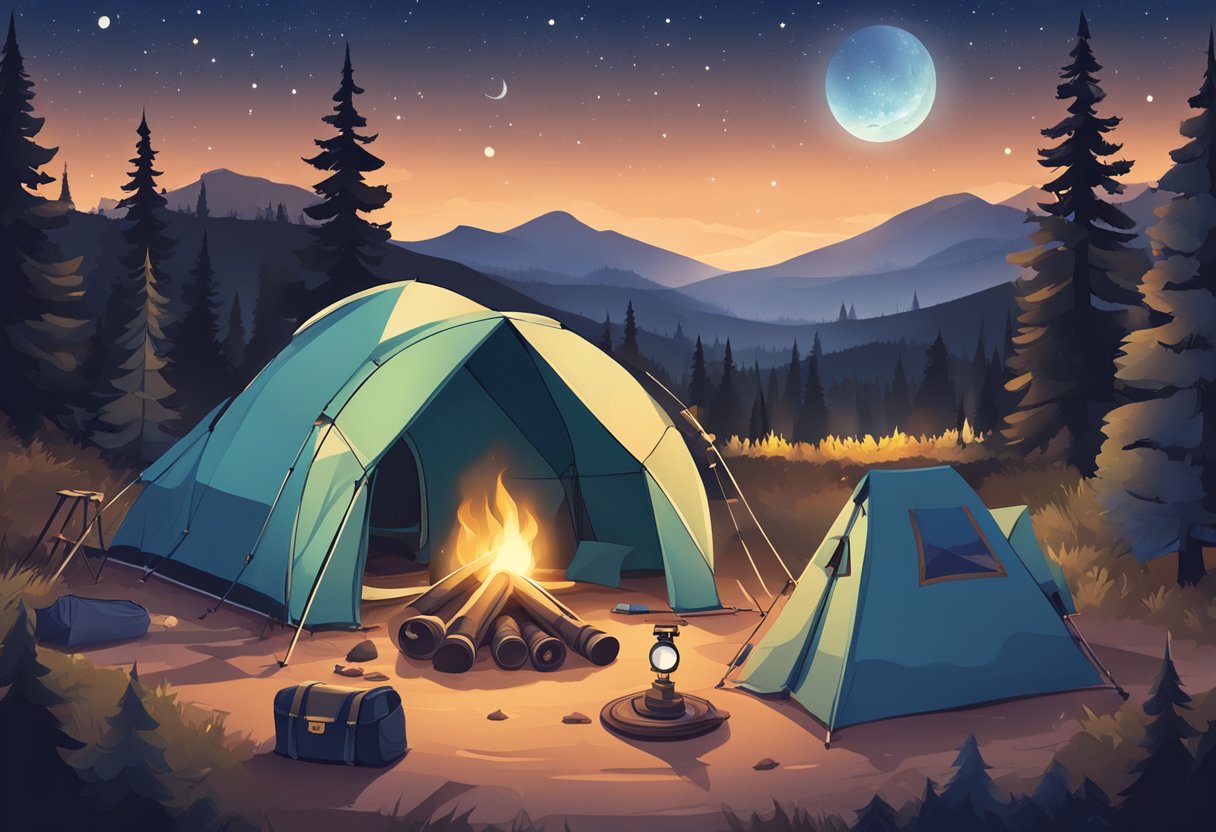 A clear night sky with a telescope and a map, surrounded by camping gear and a cozy campfire