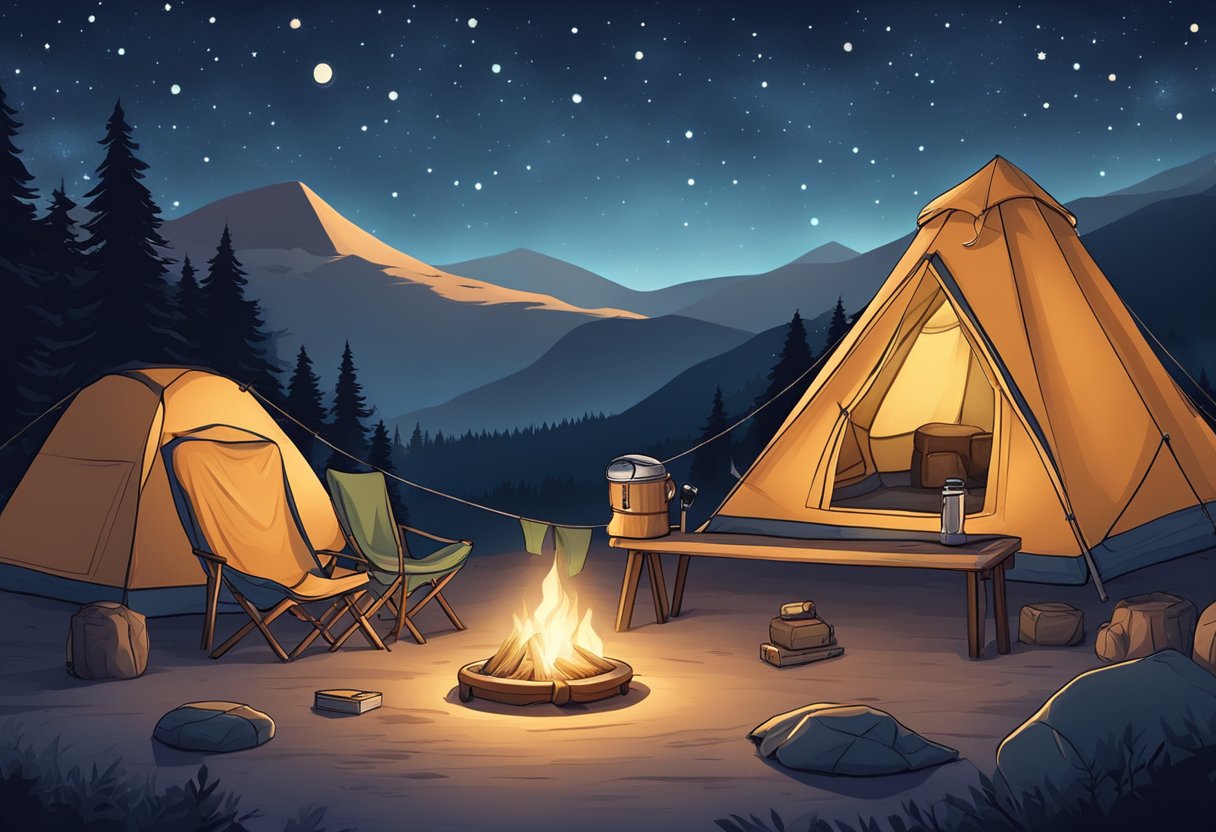 A cozy campsite with a crackling fire, surrounded by comfortable seating and blankets. A clear, starry sky above, with telescopes and binoculars ready for stargazing