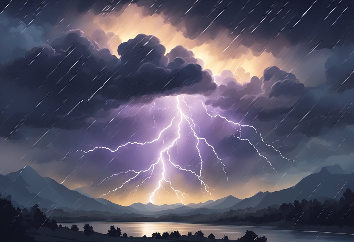 A dark, stormy sky crackles with lightning bolts, illuminating the swirling clouds. Thunder rumbles in the distance as heavy rain pours down