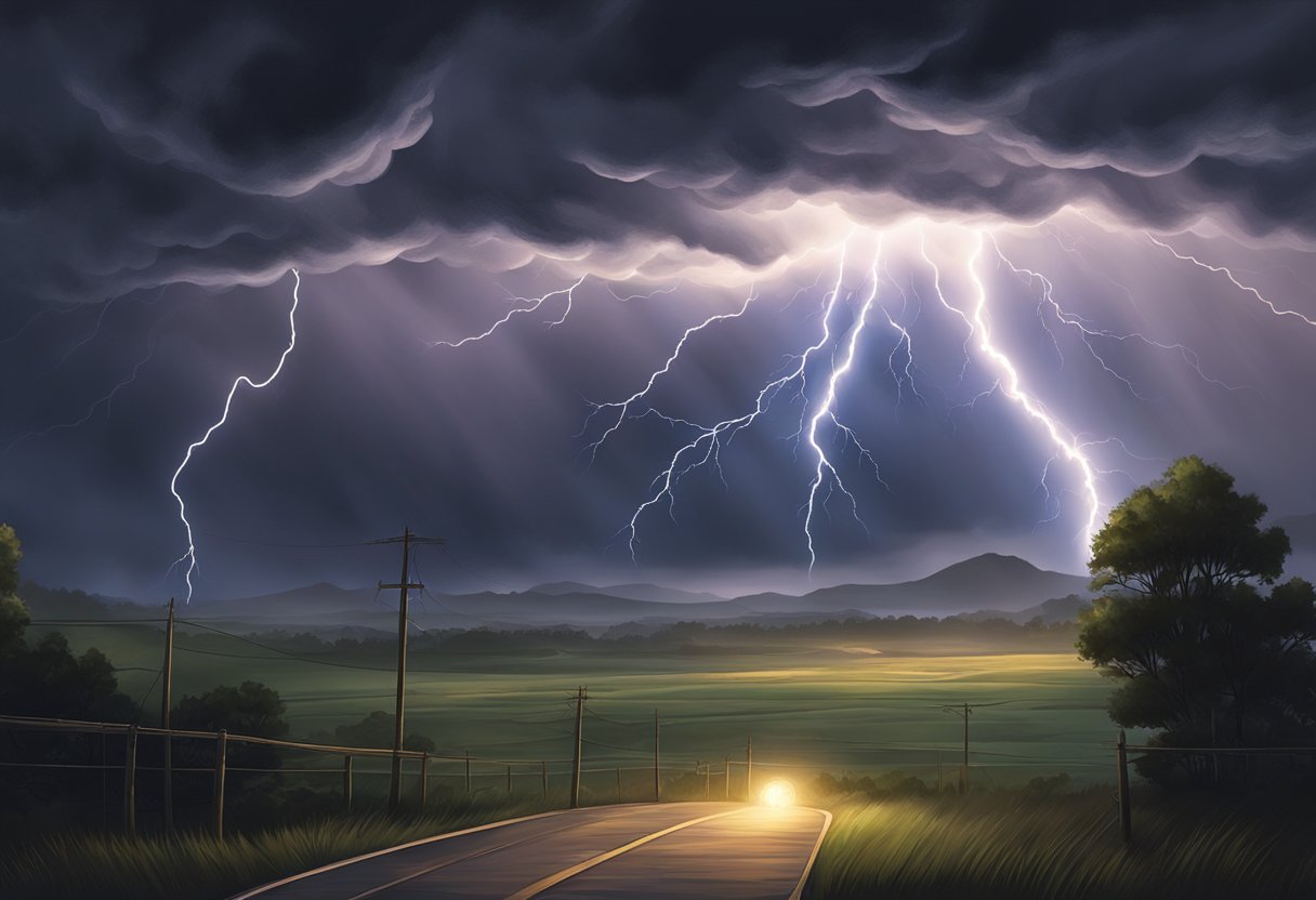 A bolt of lightning strikes a darkened sky, illuminating the clouds and casting a bright flash across the landscape. Thunder rumbles in the distance, as the electrical energy of the storm crackles through the air