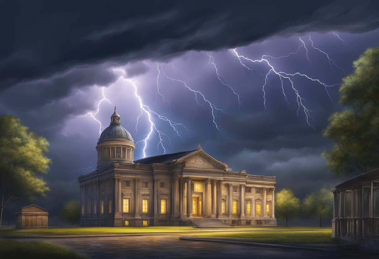 A stormy sky crackles with lightning, illuminating a historic building. Thunder rumbles in the distance, highlighting the cultural and scientific significance of this natural phenomenon