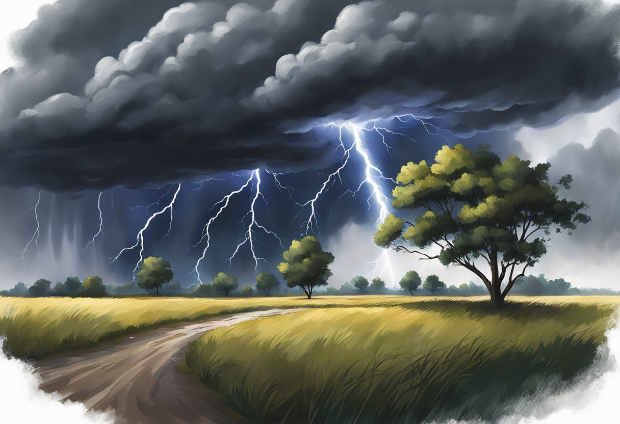 Dark clouds loom over a landscape, as lightning strikes and thunder rumbles in the distance. Wind whips through the trees, and rain begins to pour down from the sky
