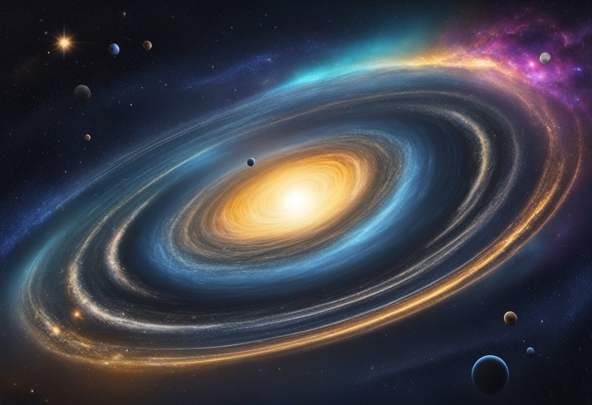 A swirling galaxy, with stars and planets orbiting a massive black hole at its center, illustrating the role of gravity in shaping the universe