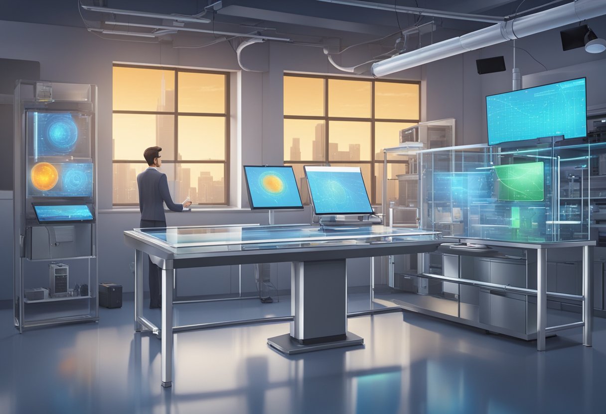 In a lab, a complex apparatus measures gravitational forces on various objects while futuristic technology displays data on a large screen