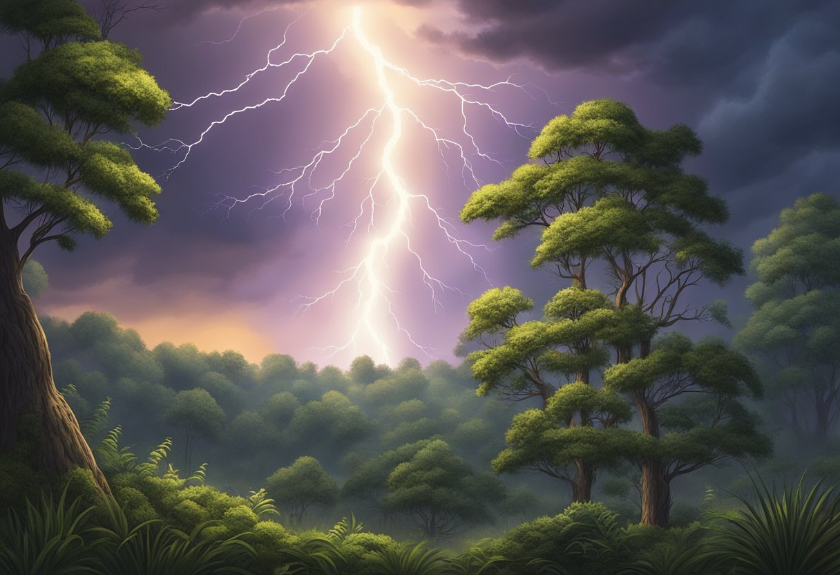 A bolt of lightning strikes a tree in a lush forest, illuminating the surrounding area. The energy from the lightning disperses through the ecosystem, affecting plant life and soil