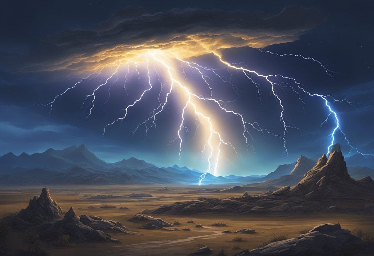 Bright blue lightning strikes illuminate the dark sky, casting a dramatic glow on the alien landscape. The bolts of energy crackle and dance across the barren terrain, highlighting the powerful force of nature at work