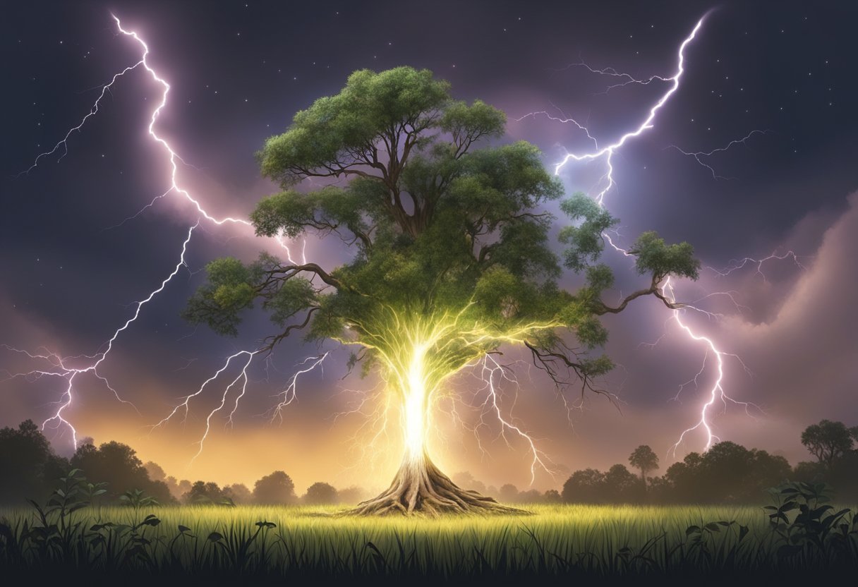A bolt of lightning strikes a tree, releasing energy into the earth's ecosystem. The surrounding plants and animals react to the sudden burst of power