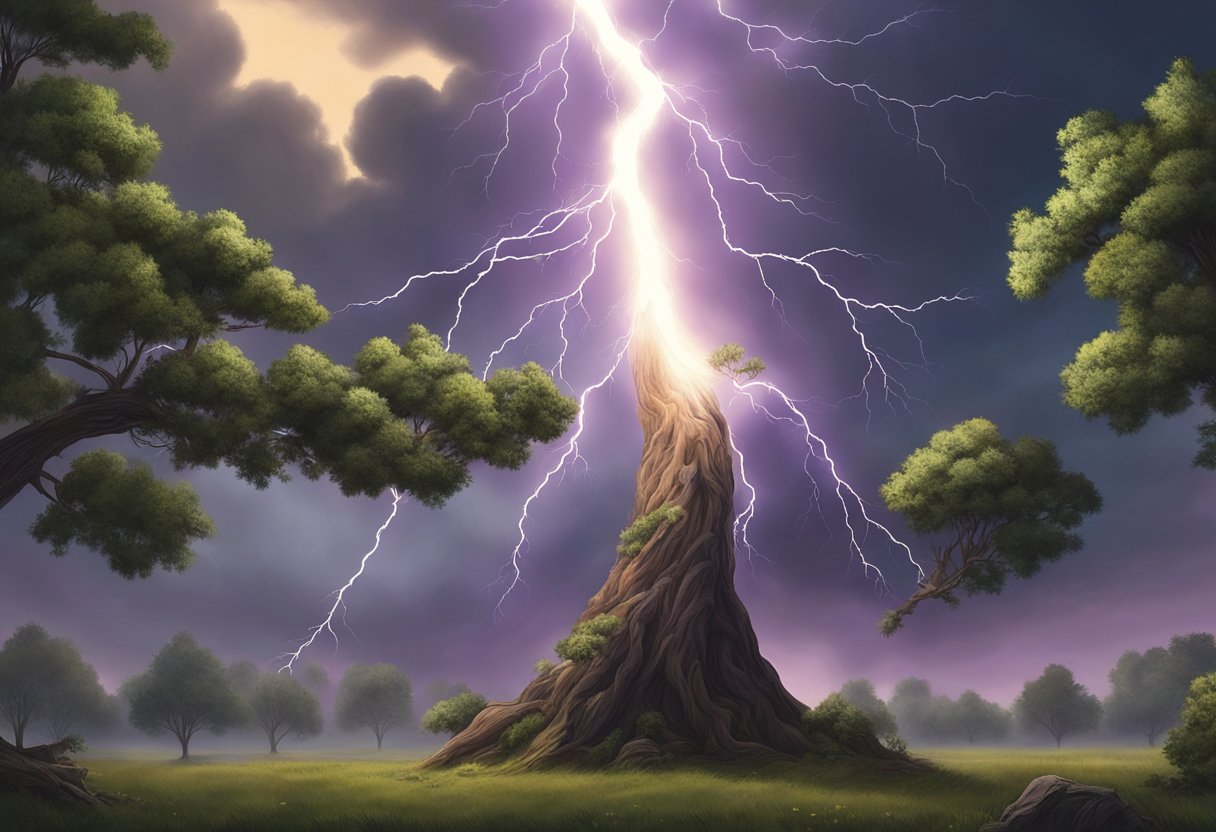 A lightning bolt strikes a tree, causing it to split and release a burst of energy into the surrounding environment