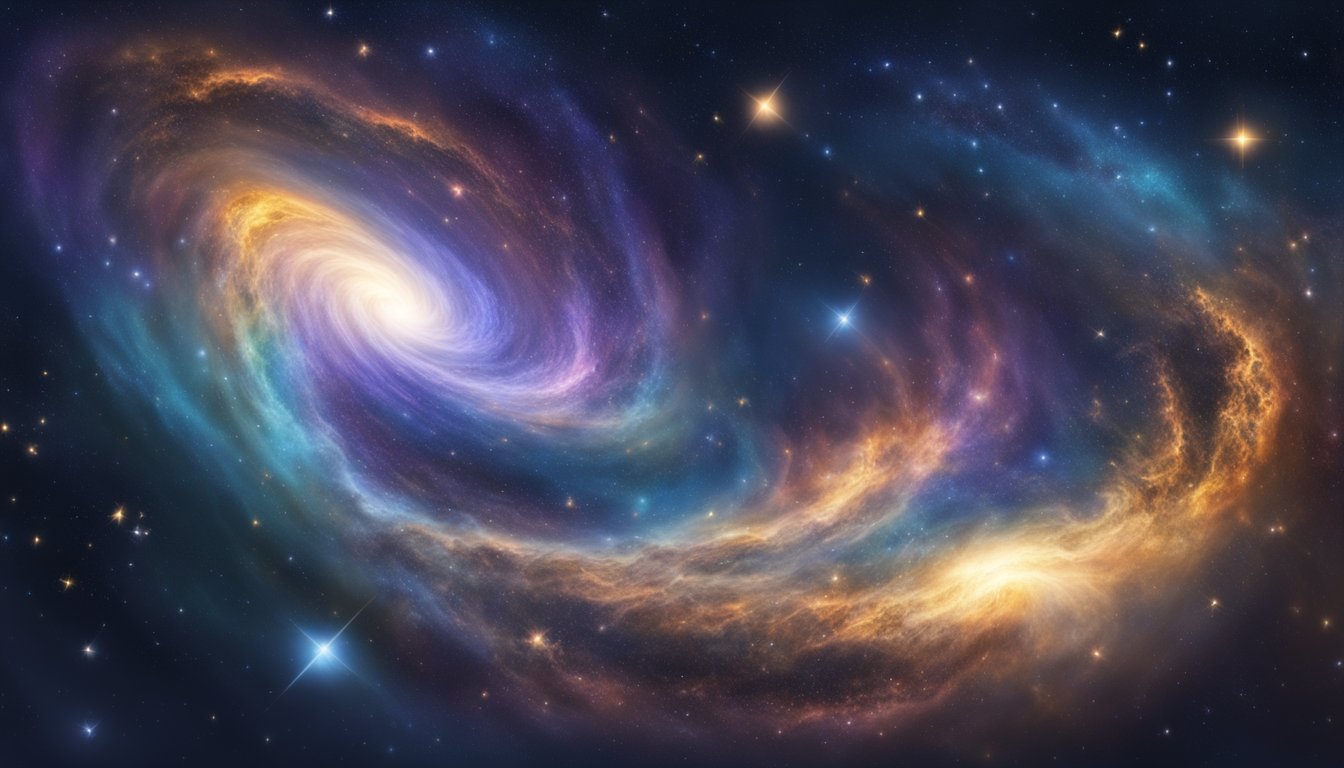 A swirling galaxy of dark matter and energy, surrounded by bright stars and nebulae, hinting at the unseen forces shaping the universe