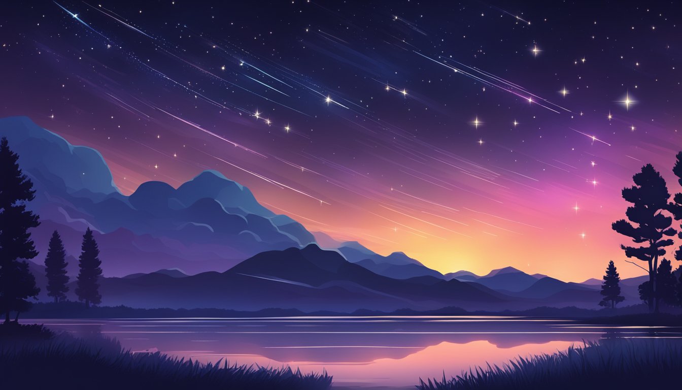 A dark night sky filled with shooting stars streaking across the horizon, creating a mesmerizing display of celestial beauty