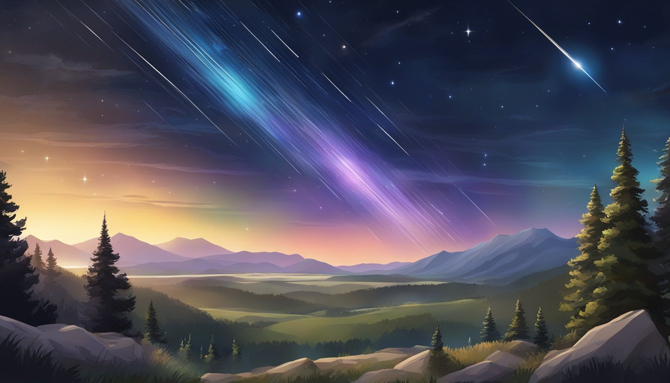 The night sky is filled with streaks of light as meteor showers cascade across the heavens, creating a mesmerizing display of celestial beauty