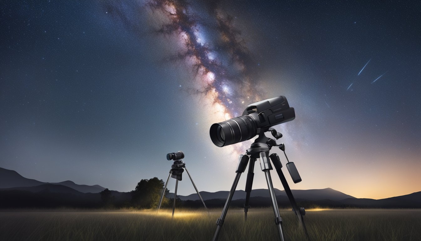 A clear night sky with a prominent Milky Way, a camera on a tripod, set to a high ISO, wide aperture, and long exposure