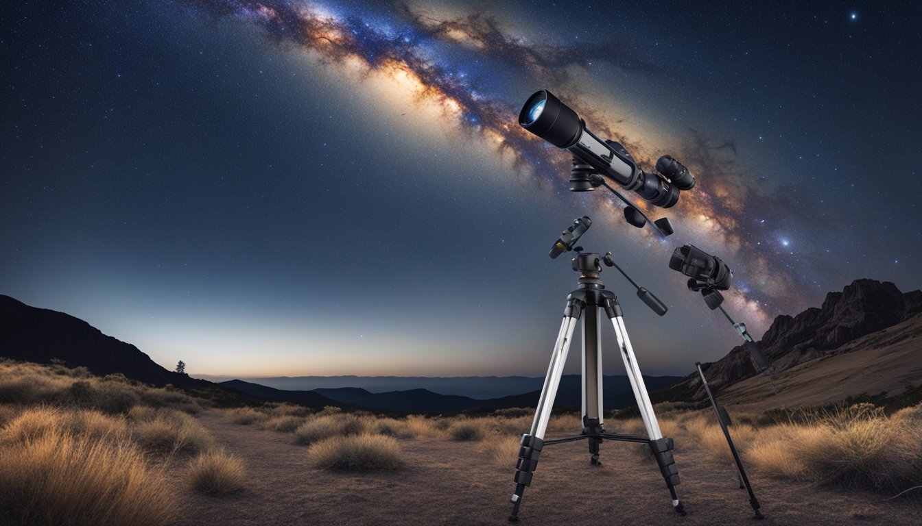 A camera, tripod, and remote shutter set up under a clear night sky with the Milky Way visible