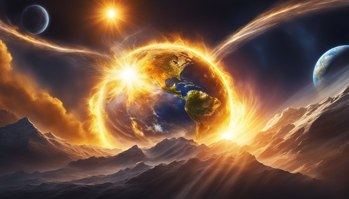 Solar flares erupt from the sun, sending bursts of energy towards Earth. The planet's atmosphere reacts, causing shifts in weather patterns and potential disruptions to space operations