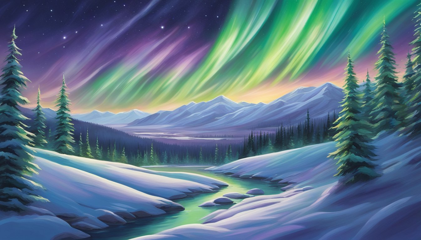 Vibrant streaks of green, purple, and blue dance across the night sky, casting an ethereal glow over the snowy landscape. The Northern Lights shimmer and twist, creating a mesmerizing display of natural beauty