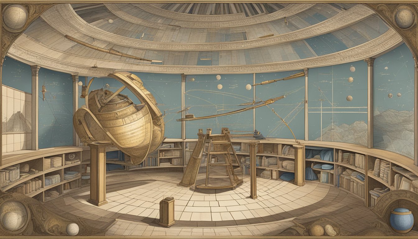 Astronomical tools and diagrams fill a Greek observatory, showcasing their contributions to ancient astronomy