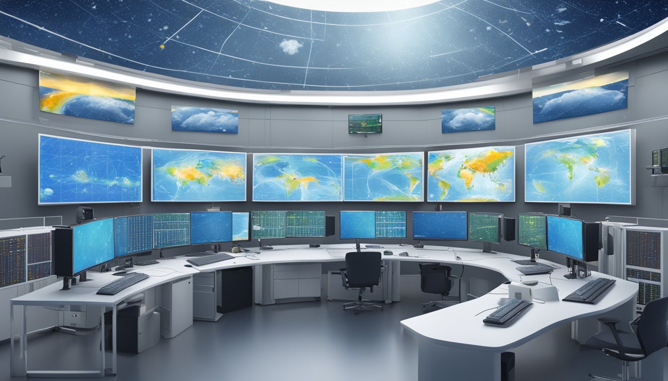 A supercomputer surrounded by satellite dishes and weather monitoring equipment, displaying global weather patterns on a large screen