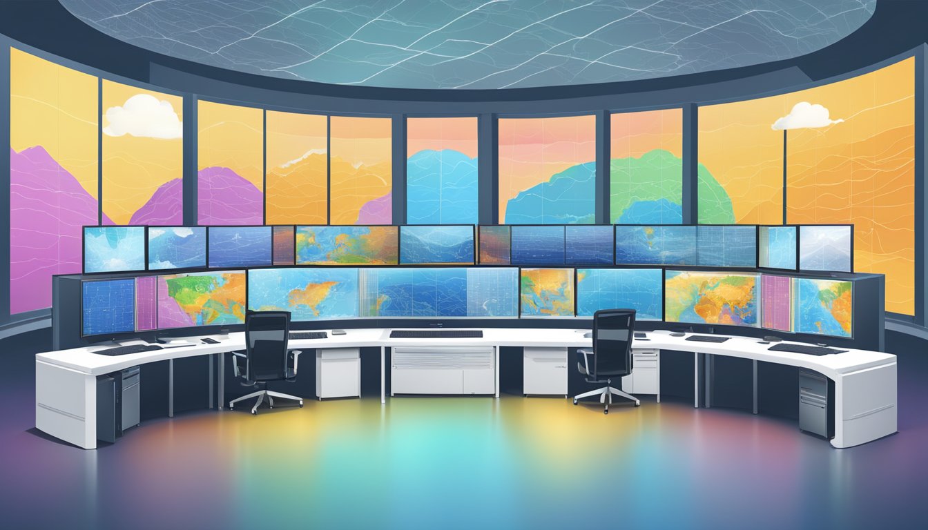 A supercomputer processes vast data for weather prediction, with colorful maps and graphs on multiple screens