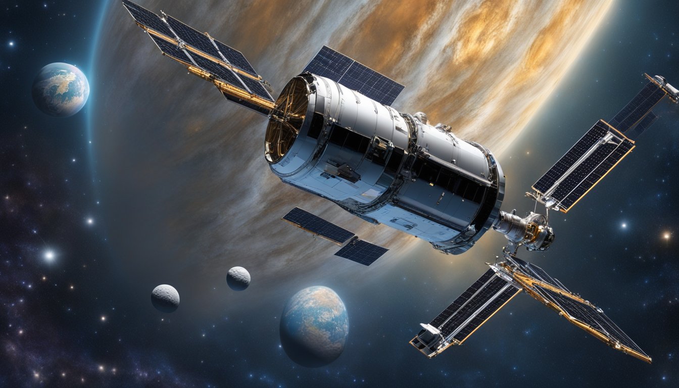 The Hubble Space Telescope floats gracefully in the vastness of space, surrounded by stars and galaxies, while robotic arms perform delicate servicing missions and upgrades