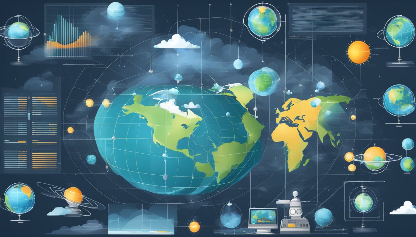 Satellites orbiting Earth, transmitting data to weather stations. Cloud formations and temperature patterns displayed on monitors. Meteorologists analyzing information for accurate forecasts
