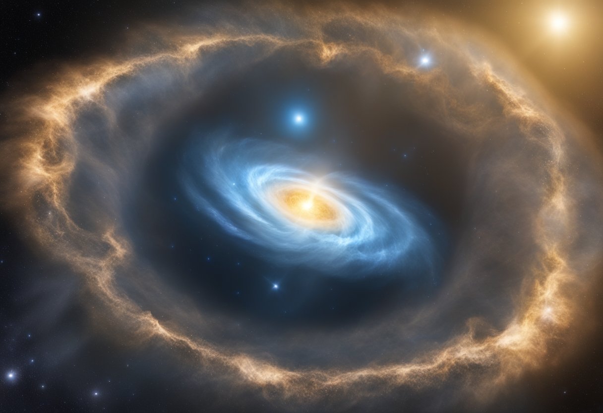 A dense cloud of gas and dust collapses under its own gravity, forming a protostar surrounded by a swirling disk of material. As the protostar grows, nuclear fusion ignites, and it becomes a full-fledged star