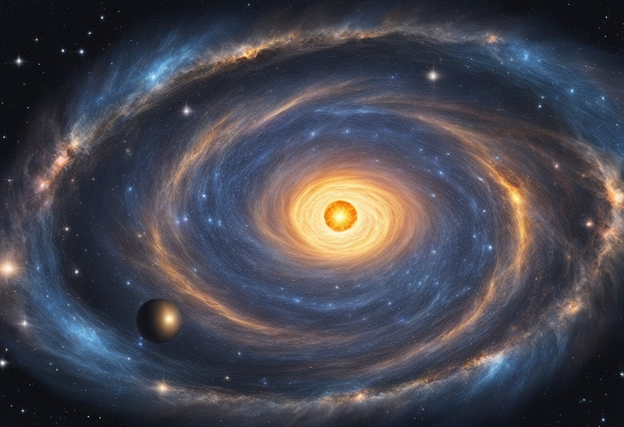 A massive star collapses into a supernova, expelling its outer layers and leaving behind a dense core. The core may become a neutron star or black hole, while the expelled material forms new stars and planets