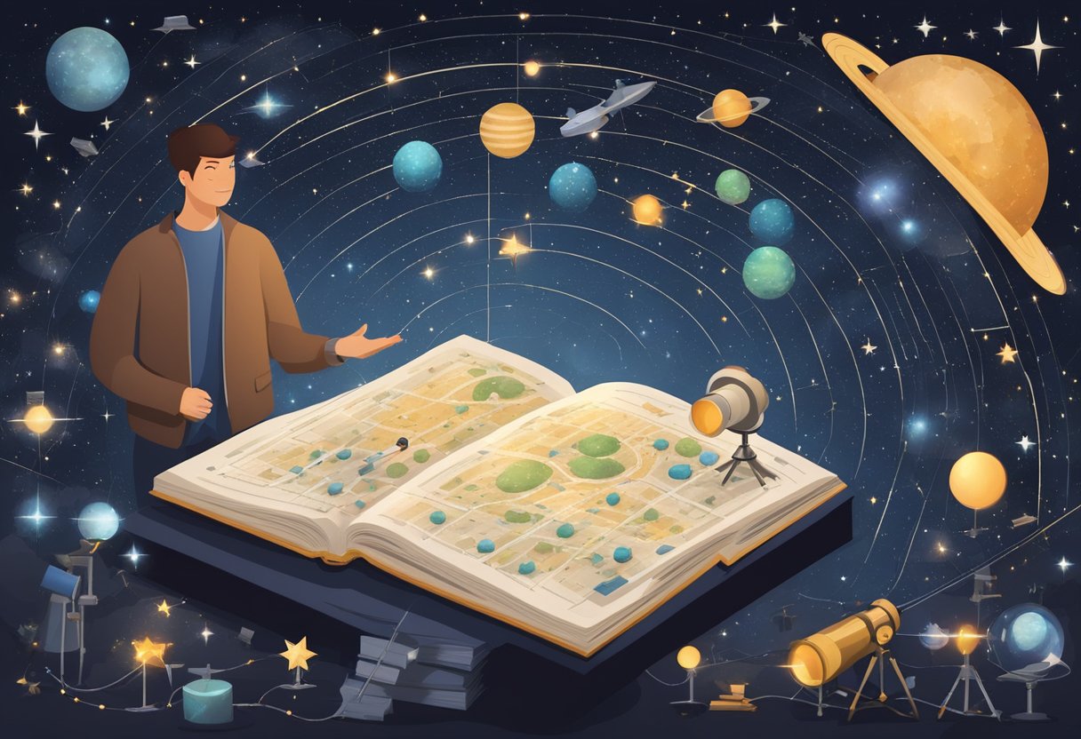A figure holds a star chart, pointing to constellations in a dark, starry sky. The figure is surrounded by telescopes and astronomy books