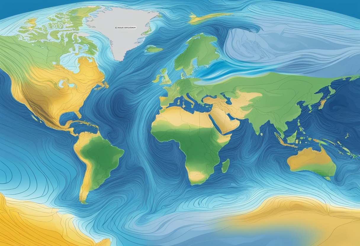 Ocean currents swirl around the globe, influencing climate patterns. Warm and cold streams interact, shaping weather systems. A dynamic, interconnected web of movement and temperature