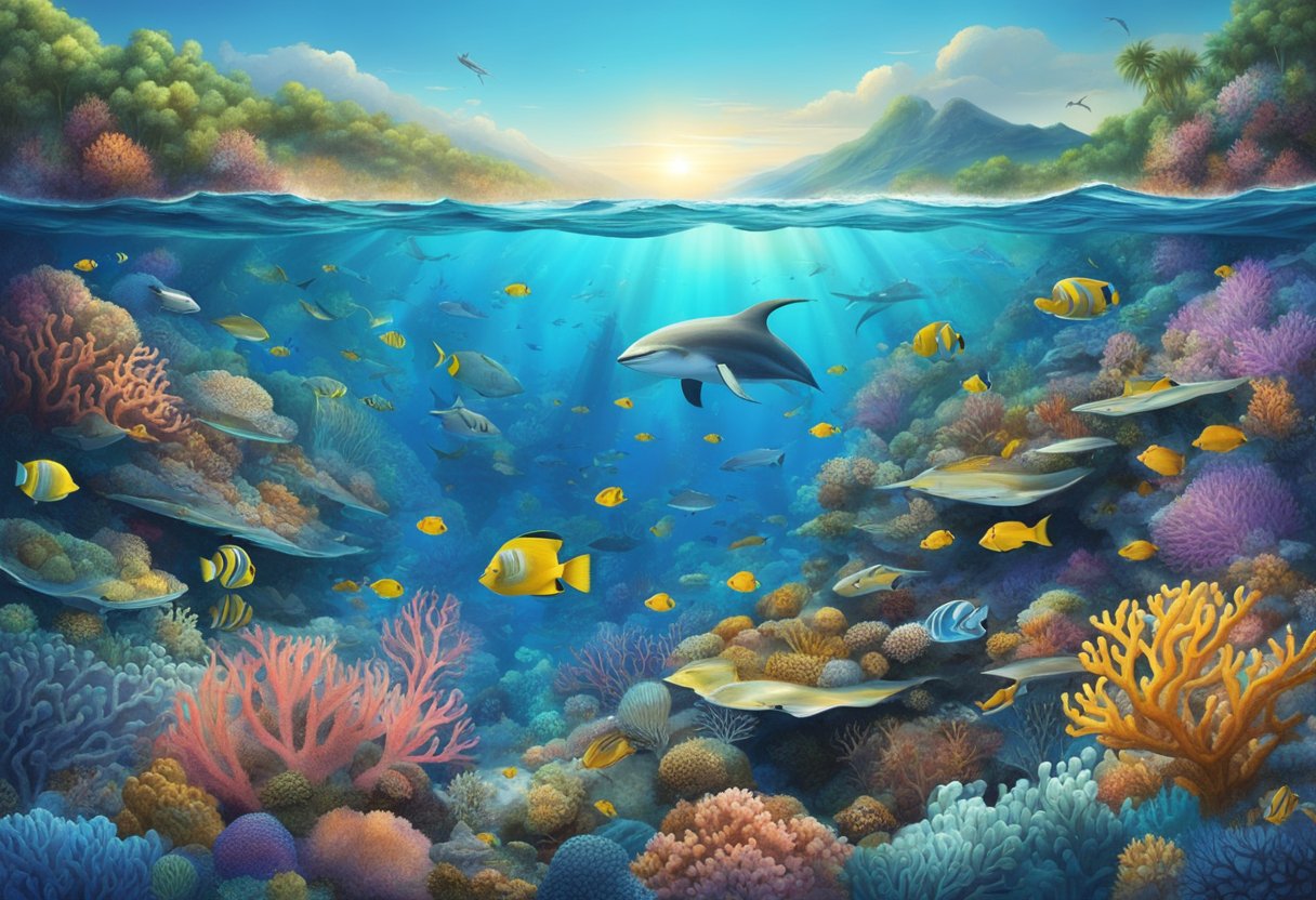 Vibrant coral reefs teeming with diverse marine life, swept by powerful ocean currents, illustrate the intricate connection between ocean currents and climate