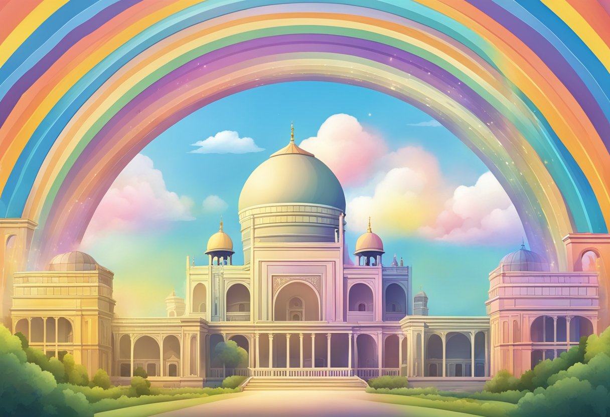 A vibrant rainbow arches over a traditional cultural landmark, symbolizing the scientific phenomenon of light refraction and cultural significance