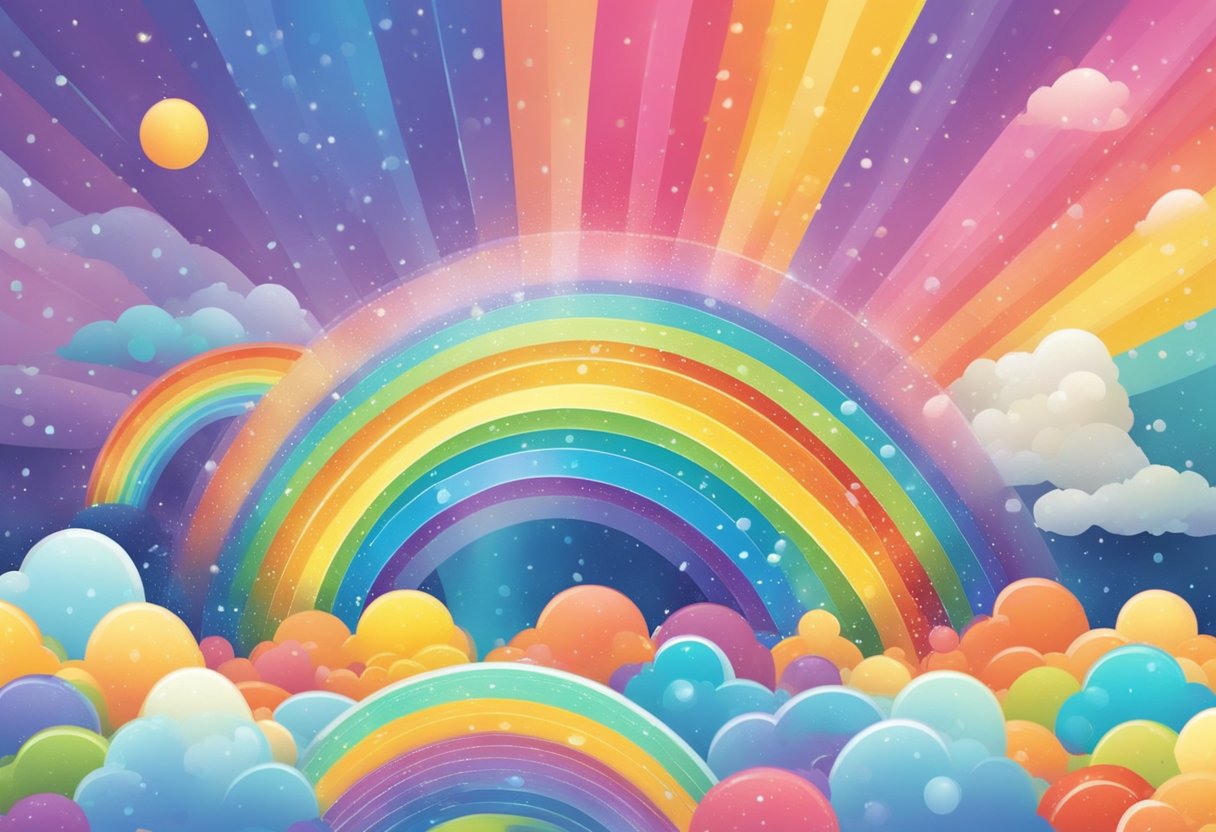 A vibrant rainbow arcs across the sky, its colors blending seamlessly. Droplets of rain glisten in the sunlight, creating a mesmerizing display of color and light