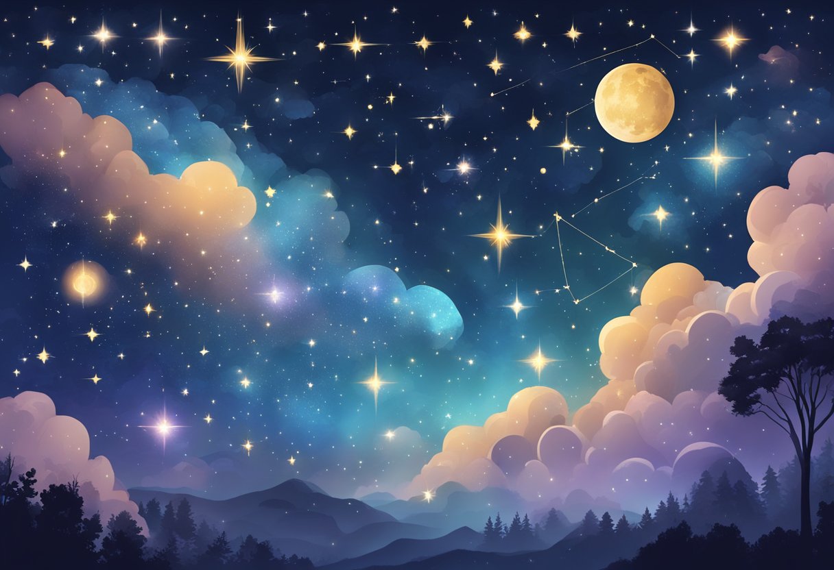 A night sky filled with bright stars and constellations representing the zodiac signs, with a sense of wonder and mystery in the air