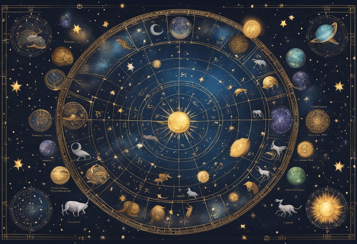 A night sky with 12 distinct constellations, each representing a Zodiac sign, surrounded by ancient symbols and celestial elements
