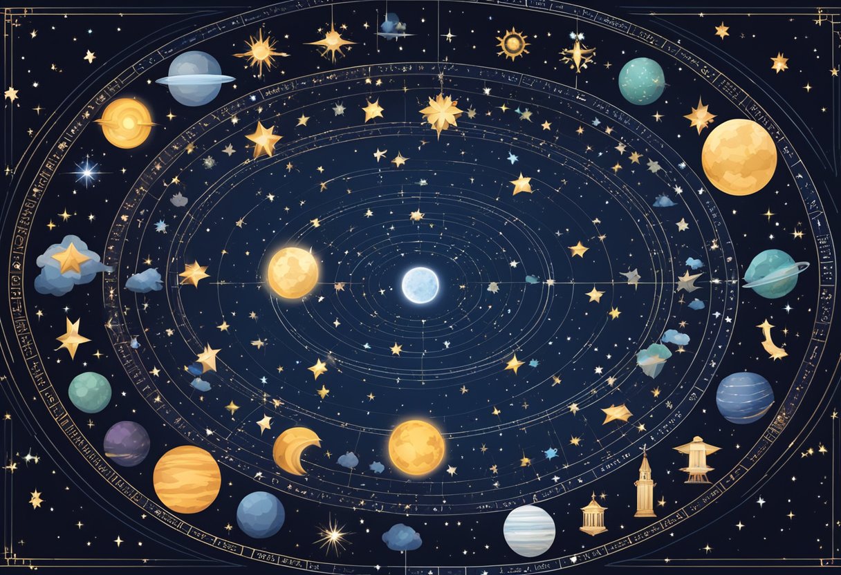 A night sky with 12 distinct constellations, each representing a zodiac sign, arranged in a circular pattern with stars and celestial symbols