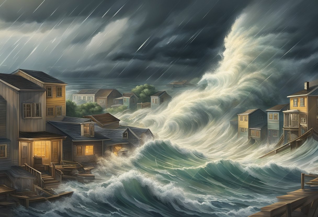 A violent storm ravages a coastal town, with towering waves crashing against buildings and dark clouds swirling overhead. People scramble to reinforce structures and evacuate as the extreme weather event unfolds